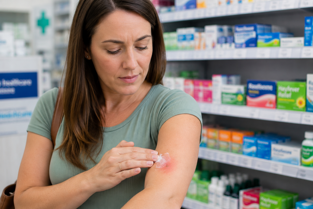 Applying cream in the pharmacy aisle